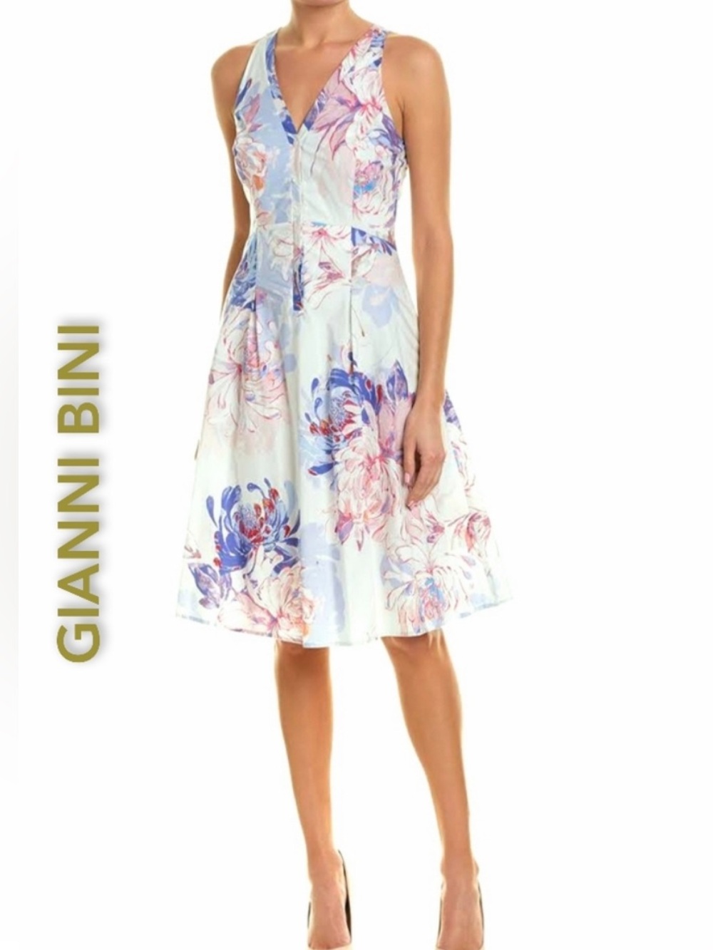Gianni Bini Floral V-Neck A-Line Dress Cotton in Pastel Blue and Pink Size 4